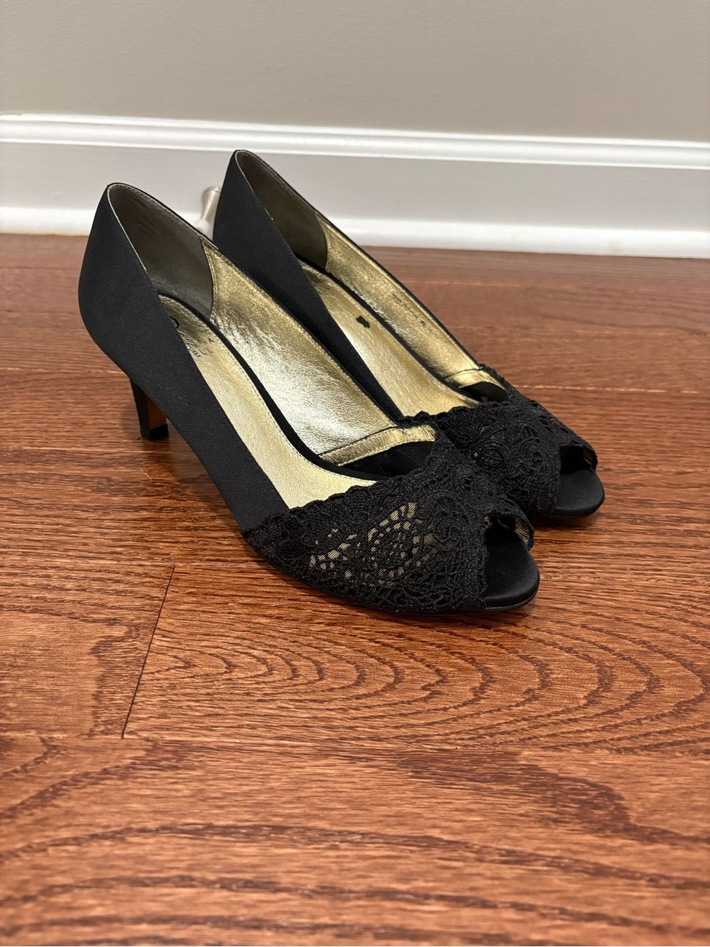 Adrianna Papell Black Lace Peep-Toe Heels with Gold Interior